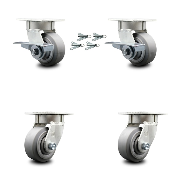 Service Caster 4 Inch Kingpinless Thermoplastic Rubber Wheel Caster Swivel Locks 2 Brakes, 4PK SCC-KP30S420-TPRRF-SLB-BSL-2-BSL-2 - main